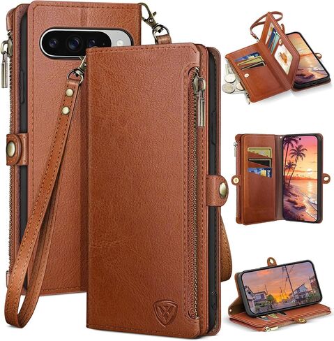 XcaseBar Compatible with ‌Google Pixel 10/10 Pro 6.3" Wallet case with Zipper Credit Card Holder【RFID Blocking】,Flip Folio Book PU Phone case Shockproof Cover Women Men for Pixel 10 case Wine Red in Saudi Arabia