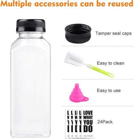 زجاجات عصير فارغة مع أغطية، عبوة من 24 زجاجة مياه شفافة قابلة لإعادة الاستخدام من بلاستيك البولي إيثيلين تيرفثالات قابل لإعادة الاستخدام مع أغطية مضادة للتسرب لحليب الماء والمشروبات in Kuwait