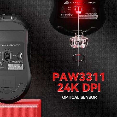 Ajazz AJ199 Wireless Gaming Mouse Ultra-Lightweight 55g Tri-Mode Connection 24000 DPI PAW3311 Sensor Carbon Fiber Shell 500mAh Battery 1K Polling Rate Durable & Anti-Slip Design Black in Saudi Arabia