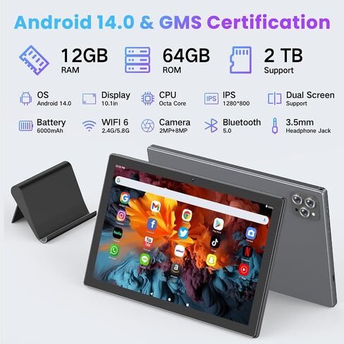 Android Tablet 10.1 Inch ، 2025 Android 14 Tablet مع وحدة المعالجة المركزية Octa-Core ، ذاكرة RAM 12 جيجابايت + 64 جيجا بايت ROM (2 تيرابايت توسيع) ، Wi-Fi 6 BT 5.0 جهاز الكمبيوتر اللوحي بطارية طويلة الزواج HD شاشة لمس للبالغين (رمادي) in Saudi Arabia