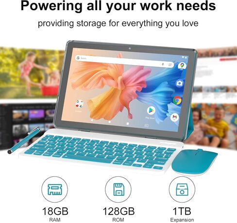 Android 15 Tablet,10 inch Tablets, 18GB RAM+128GB ROM/2TB Expandable, 2 in 1 Tablets with Keyboard Case, 1280x800 IPS Display Screen, 5G Wi-Fi6, Dual Camera, 6000mAh Battery BT5 Widevine L1 (Green) in Kuwait