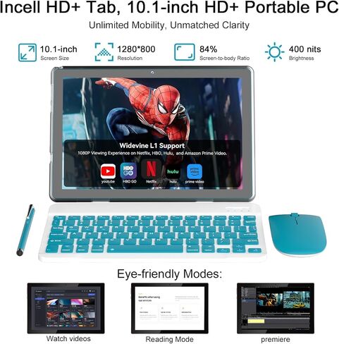 Android 15 Tablet,10 inch Tablets, 18GB RAM+128GB ROM/2TB Expandable, 2 in 1 Tablets with Keyboard Case, 1280x800 IPS Display Screen, 5G Wi-Fi6, Dual Camera, 6000mAh Battery BT5 Widevine L1 (Green) in Kuwait