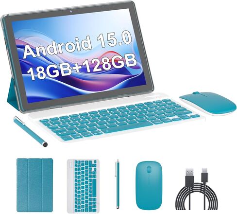 Android 15 Tablet,10 inch Tablets, 18GB RAM+128GB ROM/2TB Expandable, 2 in 1 Tablets with Keyboard Case, 1280x800 IPS Display Screen, 5G Wi-Fi6, Dual Camera, 6000mAh Battery BT5 Widevine L1 (Green) in Kuwait