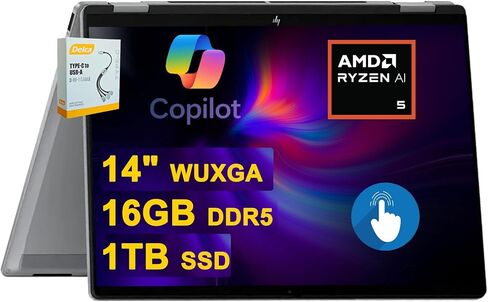 HP OmniBook 5 Flip 2-in-1 Laptop | 14" WUXGA IPS Touchscreen | 10-Core Intel Core 7 150U | 16GB DDR5 1TB SSD | Backlit Keyboard Wi-Fi6E 5MP IR Privacy Camera Win 11 w/DLCA Accessory in Saudi Arabia