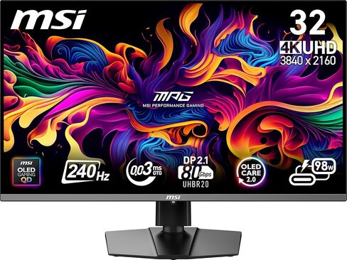 MSI MPG 322URX QD-OLED 32 بوصة 3840 × 2160 (UHD) شاشة كمبيوتر ، 240 هرتز ، المزامنة التكيفية ، HDMI ، منفذ DP ، Vesa Mountable ، ميل ، مكبر صوت ، 0.03 مللي ثانية ، أسود ، أسود in Kuwait