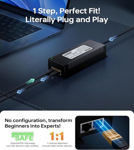 EWIND 2025 Higher Performance PoE Injector, Gigabit PoE+ Adapter 30W 48V Power Network Distances Up to 328FT, Plug & Play with Smart Energy Saving, 802.3af/at, Desktop/Wall Mount, Lifetime Support in Saudi Arabia