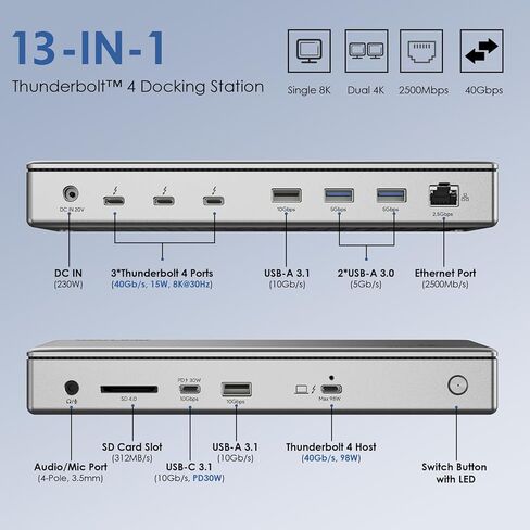 WAVLINK Thunderbolt 4 Docking Station, Single 8K or Dual 4K Display for MacBook Pro/Air Thunderbolt 4/3, 98W PD, USB-C/USB 4 Windows(4xTBT 4, 4xUSB-A, USB-C, 2.5G Ethernet, SD, Audio, DC Port) in Saudi Arabia