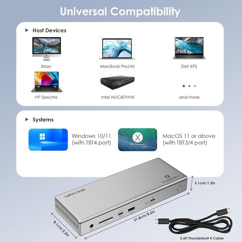 WAVLINK Thunderbolt 4 Docking Station, Single 8K or Dual 4K Display for MacBook Pro/Air Thunderbolt 4/3, 98W PD, USB-C/USB 4 Windows(4xTBT 4, 4xUSB-A, USB-C, 2.5G Ethernet, SD, Audio, DC Port) in Saudi Arabia
