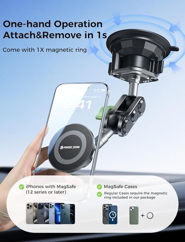 MAGIC JOHN Magnetic Car Phone Holder, Windshield Metal Suction Cup Mount | 360 Degree Rotatable, Strong Suction & Magnetic Force, Solid Metal Frame, Easy Installation in Saudi Arabia