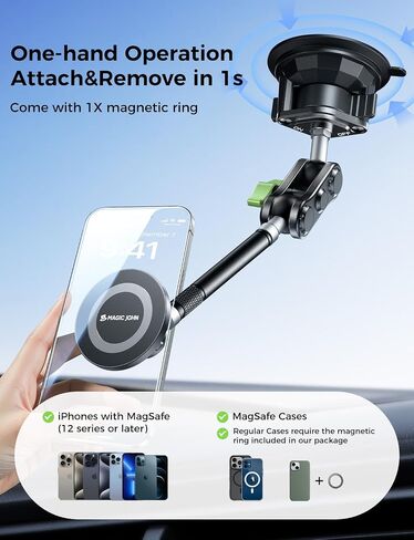 MAGIC JOHN Magnetic Car Phone Holder [Strong Suction&Strong Magnetic] 360° Adjustable Car Phone Mount for Windshield, Ultra-Durable Metal, Suction Cup Car Phone Mount for iPhone Samsung All Smartphone in Saudi Arabia
