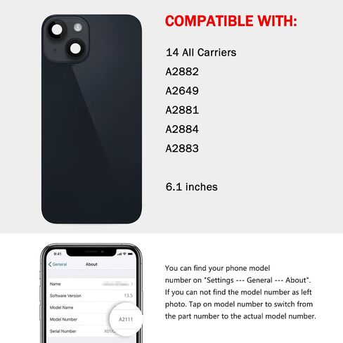 Rear Back Glass Replacement Compatible with iPhone 14 6.1-Inches All Carriers with Pre-Installed Plate +Wireless Charging Coil Flex Cable +Flashlight +Microphone +Camera Frame (Midnight) in Kuwait