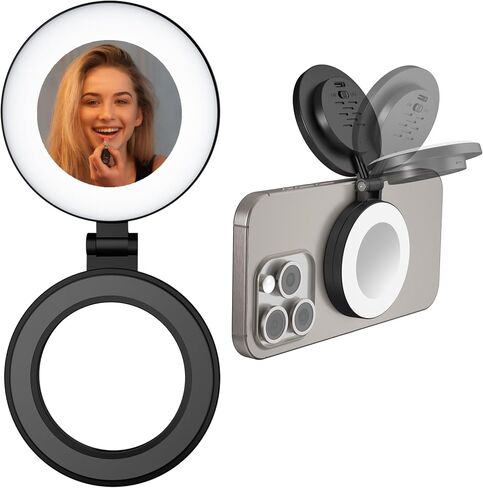 Magnetic Ring Light with Mirror for Phones, 3 Color Modes & Touch Control, Rechargeable Selfie Light with Type-C Port & Universal Metal Ring Adapter, Works with All Smartphones, Black in Saudi Arabia