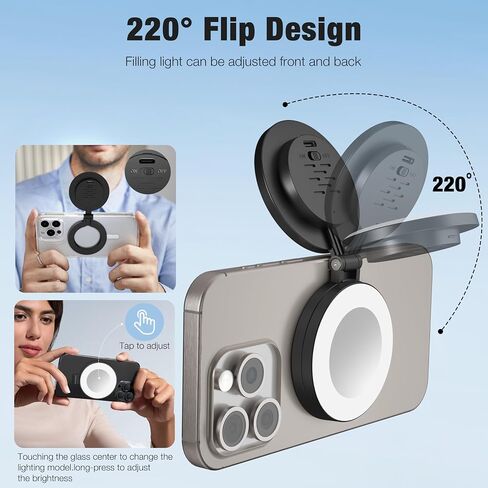Magnetic Ring Light with Mirror for Phones, 3 Color Modes & Touch Control, Rechargeable Selfie Light with Type-C Port & Universal Metal Ring Adapter, Works with All Smartphones, Black in Saudi Arabia