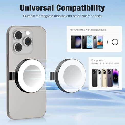 Magnetic Ring Light with Mirror for Phones, 3 Color Modes & Touch Control, Rechargeable Selfie Light with Type-C Port & Universal Metal Ring Adapter, Works with All Smartphones, Black in Saudi Arabia