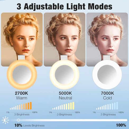 Magnetic Ring Light with Mirror for Phones, 3 Color Modes & Touch Control, Rechargeable Selfie Light with Type-C Port & Universal Metal Ring Adapter, Works with All Smartphones, Black in Saudi Arabia