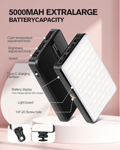 120 LED Selfie Phone Light - 5000mAh Clip Clip Clip قابلة لإعادة الشحن مع 3 أوضاع قابلة للتعديل و 6 مرشحات لـ iPhone/Phone/Camera/iPad ، مثالية لالتقاط الصور الشخصية ، مؤتمر الفيديو ، Tiktok ، VLOG in Kuwait