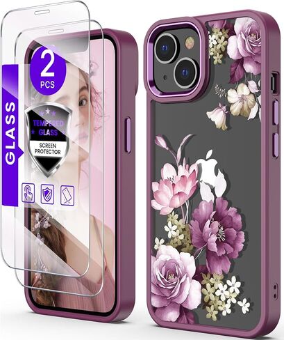 بالنسبة إلى iPhone-15 Case+حامي شاشة الزجاج المقسّر ، فإن الصفاء العسكري النحيف الناعم والكمبيوتر الشخصي الصلب ، غلاف حالة زهرة Clastal Clastal Clastal لـ iPhone 15-JD in Kuwait
