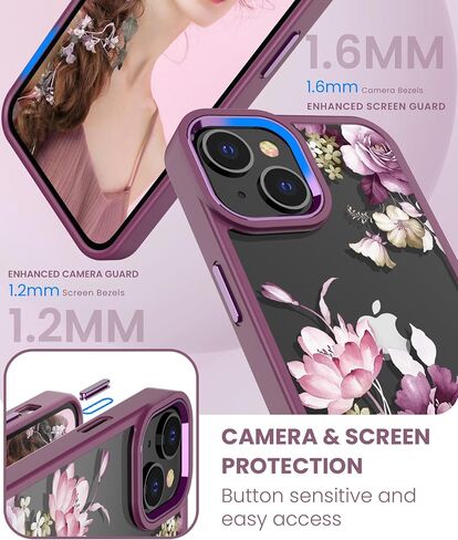 بالنسبة إلى iPhone-15 Case+حامي شاشة الزجاج المقسّر ، فإن الصفاء العسكري النحيف الناعم والكمبيوتر الشخصي الصلب ، غلاف حالة زهرة Clastal Clastal Clastal لـ iPhone 15-JD in Kuwait