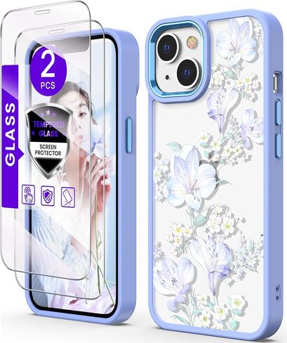 بالنسبة إلى iPhone-15 Case+حامي شاشة الزجاج المقسّر ، فإن الصفاء العسكري النحيف الناعم والكمبيوتر الشخصي الصلب ، غلاف حالة زهرة Clastal Clastal Clastal لـ iPhone 15-JD in Kuwait
