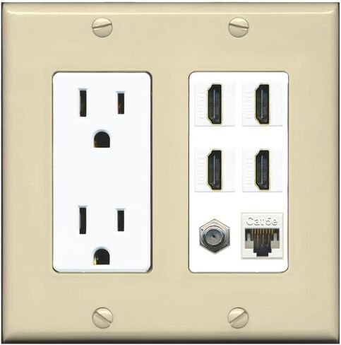 RiteAV 15A Power Outlet 4 Port HDMI 1 x Cat5e Ethernet Coax Cable TV Wall Plate (White) in Saudi Arabia