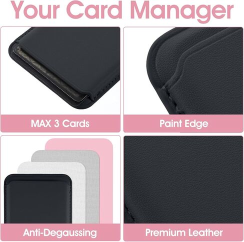 Cell Phone Card Holder, Stronger Magnetic Card Holder for Phone Case, Leather Magnetic Wallet Cell Holders for Credit Cards RFID Blocking, Fit 3 Cards (Black) in Kuwait