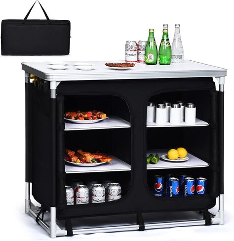 Giantex Camping Cook Table Kitchen Station with Storage Organizer and Carrying Bag, for BBQ Party Picnics Backyards and Tailgating, Portable Outdoor Aluminum Cooking BBQ Table (Black) in Saudi Arabia
