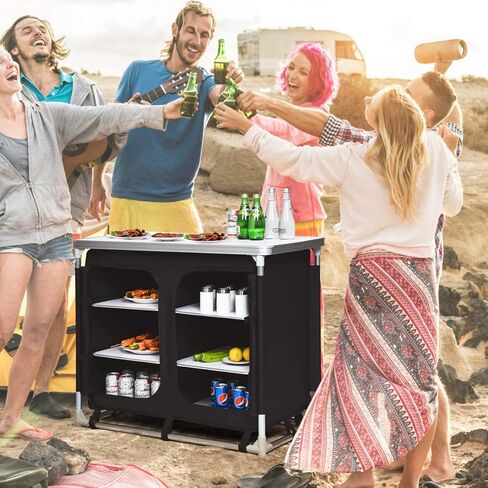 Giantex Camping Cook Table Kitchen Station with Storage Organizer and Carrying Bag, for BBQ Party Picnics Backyards and Tailgating, Portable Outdoor Aluminum Cooking BBQ Table (Black) in Saudi Arabia