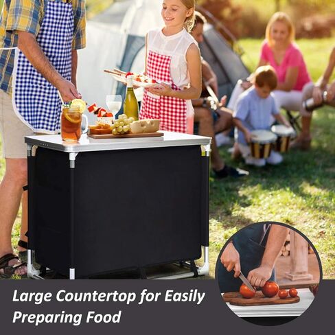 Giantex Camping Cook Table Kitchen Station with Storage Organizer and Carrying Bag, for BBQ Party Picnics Backyards and Tailgating, Portable Outdoor Aluminum Cooking BBQ Table (Black) in Saudi Arabia