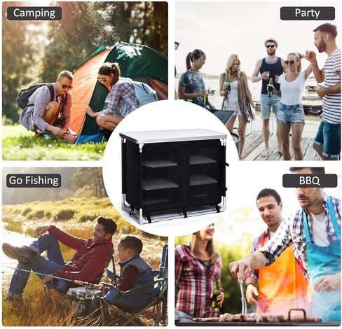 Giantex Camping Cook Table Kitchen Station with Storage Organizer and Carrying Bag, for BBQ Party Picnics Backyards and Tailgating, Portable Outdoor Aluminum Cooking BBQ Table (Black) in Saudi Arabia