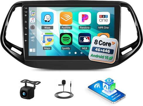 [4G+64G] 8-CORED QUALCOMM Android 15 Car Stereo لـ Jeep Compass 2017 2018 2018 2020 مع رابط Carplay & Android Auto & Mirror ، 10.1 "Radio مع Bluetooth5.1 GPS WiFi FM/RDS DSP EQ+كاميرا احتياطية in Kuwait