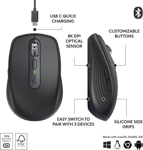 Logitech MX في أي مكان 3s ماوس لاسلكي مضغوط ، تمرير سريع ، 8K DPI أي تتبع السطح ، نقرات هادئة ، أزرار قابلة للبرمجة ، USB C ، Bluetooth ، Windows PC ، Linux ، Chrome ، Mac - Black (متجدد) in Saudi Arabia