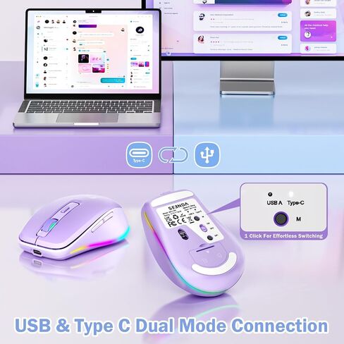 الماوس اللاسلكي ، USB C Mouse مع Jiggler - Type Type Type Type Type C ، مستقبل USB & Type C ، محرك Jiggler المتوافق مع MacBook و iPad و Windows Laptop/Computer - Purple (ترقية) in Saudi Arabia