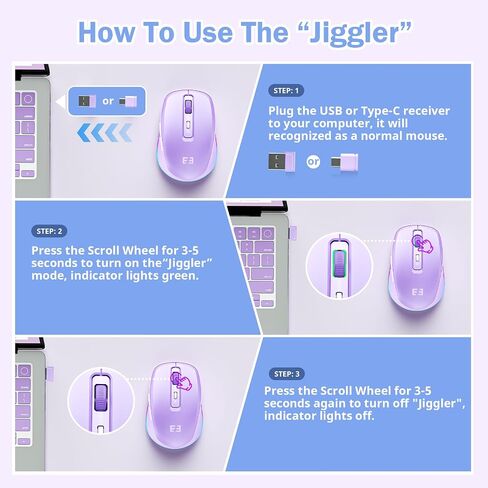 الماوس اللاسلكي ، USB C Mouse مع Jiggler - Type Type Type Type Type C ، مستقبل USB & Type C ، محرك Jiggler المتوافق مع MacBook و iPad و Windows Laptop/Computer - Purple (ترقية) in Saudi Arabia