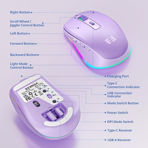 الماوس اللاسلكي ، USB C Mouse مع Jiggler - Type Type Type Type Type C ، مستقبل USB & Type C ، محرك Jiggler المتوافق مع MacBook و iPad و Windows Laptop/Computer - Purple (ترقية) in Saudi Arabia
