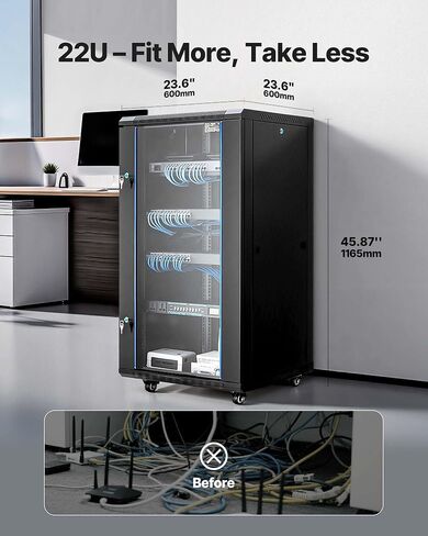 Vevor 22u Server Rack Cabinet ، Mount Network Cabinet Wall Mount ، 23.6 في العمق ، حاوية رف الشبكة مع الباب الزجاجي المقسى ، 4 عجلات ، ألواح جانبية ، لمعدات تكنولوجيا المعلومات 19 '، وأجهزة A/V in Kuwait
