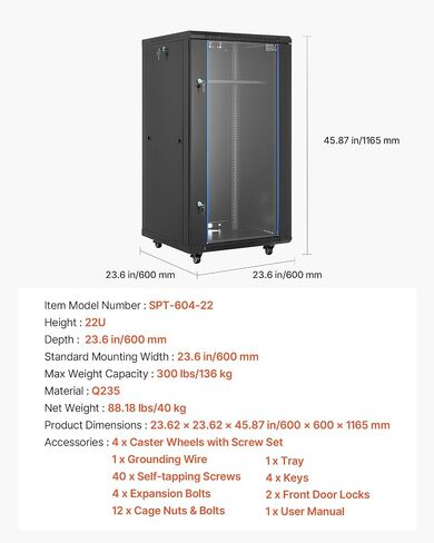 Vevor 22u Server Rack Cabinet ، Mount Network Cabinet Wall Mount ، 23.6 في العمق ، حاوية رف الشبكة مع الباب الزجاجي المقسى ، 4 عجلات ، ألواح جانبية ، لمعدات تكنولوجيا المعلومات 19 '، وأجهزة A/V in Kuwait
