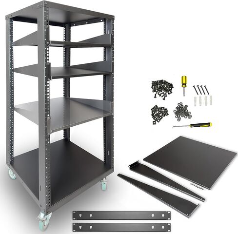 AxcessAbles 12U Open Frame Network & AV Rack with Caster Wheels, Two 2U Shelves, 10-32 & Cage Nut Compatible Rails, Cage Nuts, Screws, Cage Nut Tool & Wall Mount Kit | 19-Inch Rack in Kuwait