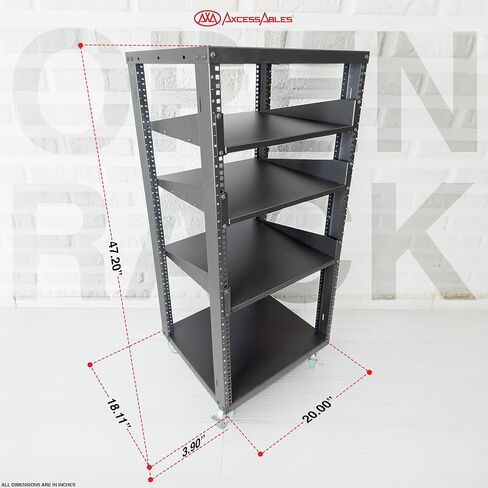 AxcessAbles 12U Open Frame Network & AV Rack with Caster Wheels, Two 2U Shelves, 10-32 & Cage Nut Compatible Rails, Cage Nuts, Screws, Cage Nut Tool & Wall Mount Kit | 19-Inch Rack in Kuwait