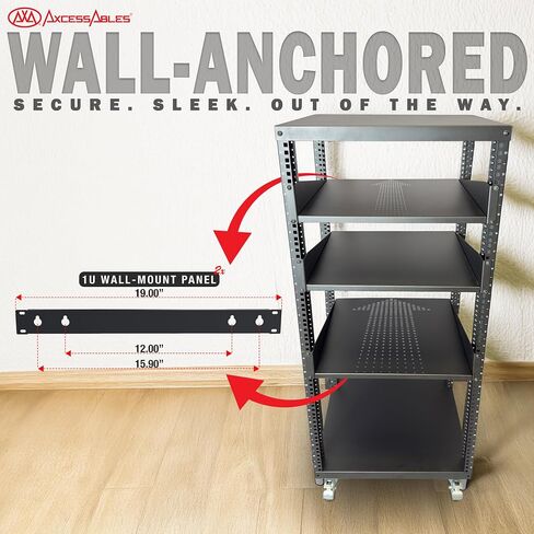 AxcessAbles 12U Open Frame Network & AV Rack with Caster Wheels, Two 2U Shelves, 10-32 & Cage Nut Compatible Rails, Cage Nuts, Screws, Cage Nut Tool & Wall Mount Kit | 19-Inch Rack in Kuwait