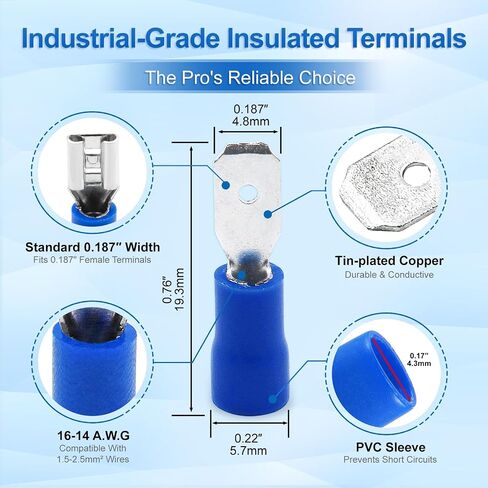 Baomain Blue Male Insulated Spade Wire Connector Electrical Crimp Terminal 16-14 AWG 4.8 x 0.5mm Pack of 100 in Saudi Arabia