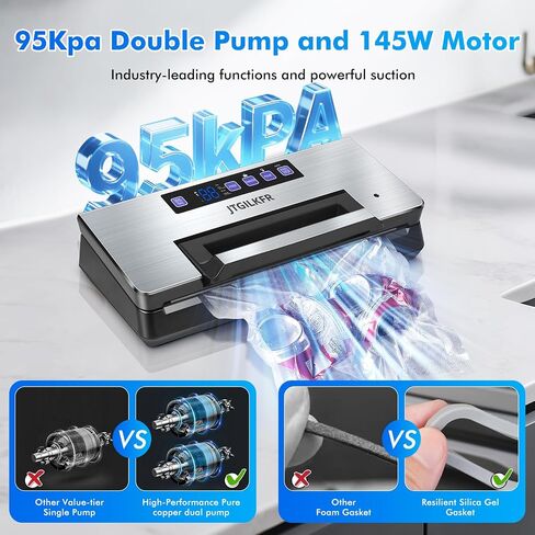 Vacuum Sealer - Powerful 95kPa vacuum sealer for food with Built-in Cutter Bag Storage,Easy-Lock Handle Digital Timer,2 Roll and 5 Pre-cut Bags & Hose Every Seal Perfect Freshness Locked In in Saudi Arabia