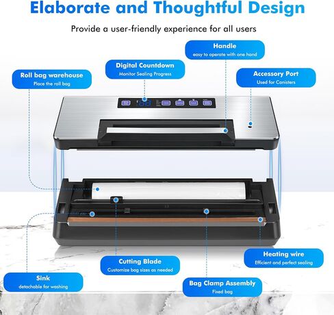 Vacuum Sealer - Powerful 95kPa vacuum sealer for food with Built-in Cutter Bag Storage,Easy-Lock Handle Digital Timer,2 Roll and 5 Pre-cut Bags & Hose Every Seal Perfect Freshness Locked In in Saudi Arabia