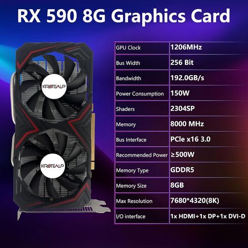 بطاقة رسومات Radeon RX 590 8GB ، 2304SP GDDR5 256bit PCI Express 3.0 ، مع منافذ HDMI/DP/DVI ومروحة مزدوجة ، وبطاقات فيديو لألعاب المكتب وألعاب الكمبيوتر in Saudi Arabia