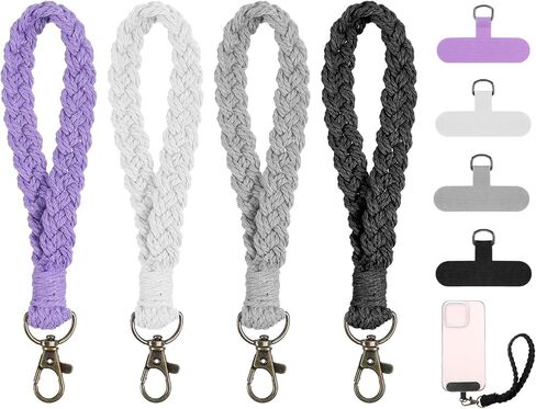 4 pcs Boho Phone Wrist Strap Soft Macrame Keychains Braided Keychain Straps Universal Smartphone Wrist Lanyard Handmade Keychain Wristlet with Tether Tabs Patches for Women Men in Saudi Arabia