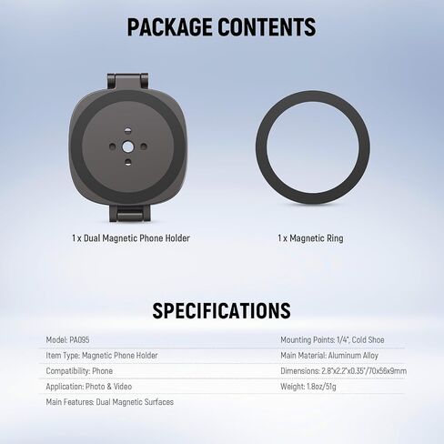 NEEWER PA095 Dual Magnetic Ring Holder for Phone, Slim Folding Magnetic Mobile Phone Holder with 1/4" Screw for Tripod Compatible with MagSafe iPhone Samsung Huawei Android for Video, PA095 in Saudi Arabia