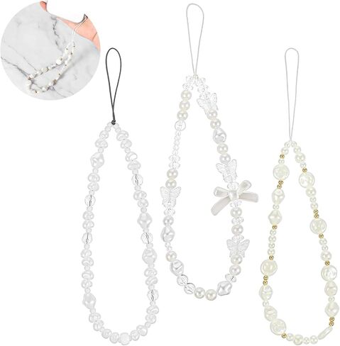 3Pcs Beaded Phone Charms Straps, Cute Butterfly Bow Phones Wrist Strap, Sparkling Phones Charms Strap, Anti Lost Durable Universal Phone Charm Wristlet for Girls, Women, Y2K, White/Gold/Transparent in Saudi Arabia