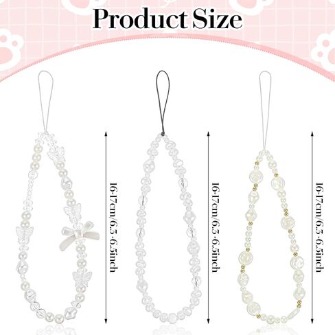 3Pcs Beaded Phone Charms Straps, Cute Butterfly Bow Phones Wrist Strap, Sparkling Phones Charms Strap, Anti Lost Durable Universal Phone Charm Wristlet for Girls, Women, Y2K, White/Gold/Transparent in Saudi Arabia