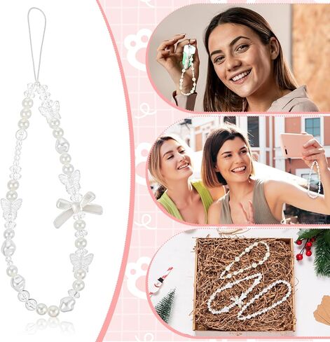 3Pcs Beaded Phone Charms Straps, Cute Butterfly Bow Phones Wrist Strap, Sparkling Phones Charms Strap, Anti Lost Durable Universal Phone Charm Wristlet for Girls, Women, Y2K, White/Gold/Transparent in Saudi Arabia