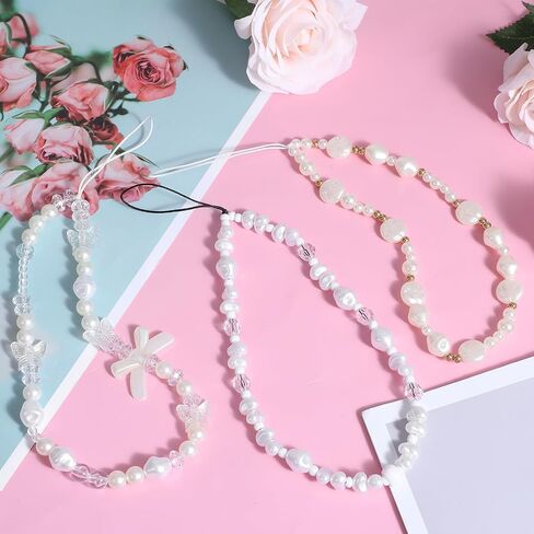 3Pcs Beaded Phone Charms Straps, Cute Butterfly Bow Phones Wrist Strap, Sparkling Phones Charms Strap, Anti Lost Durable Universal Phone Charm Wristlet for Girls, Women, Y2K, White/Gold/Transparent in Saudi Arabia