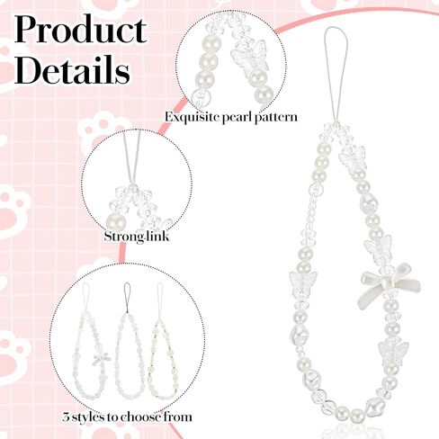 3Pcs Beaded Phone Charms Straps, Cute Butterfly Bow Phones Wrist Strap, Sparkling Phones Charms Strap, Anti Lost Durable Universal Phone Charm Wristlet for Girls, Women, Y2K, White/Gold/Transparent in Saudi Arabia
